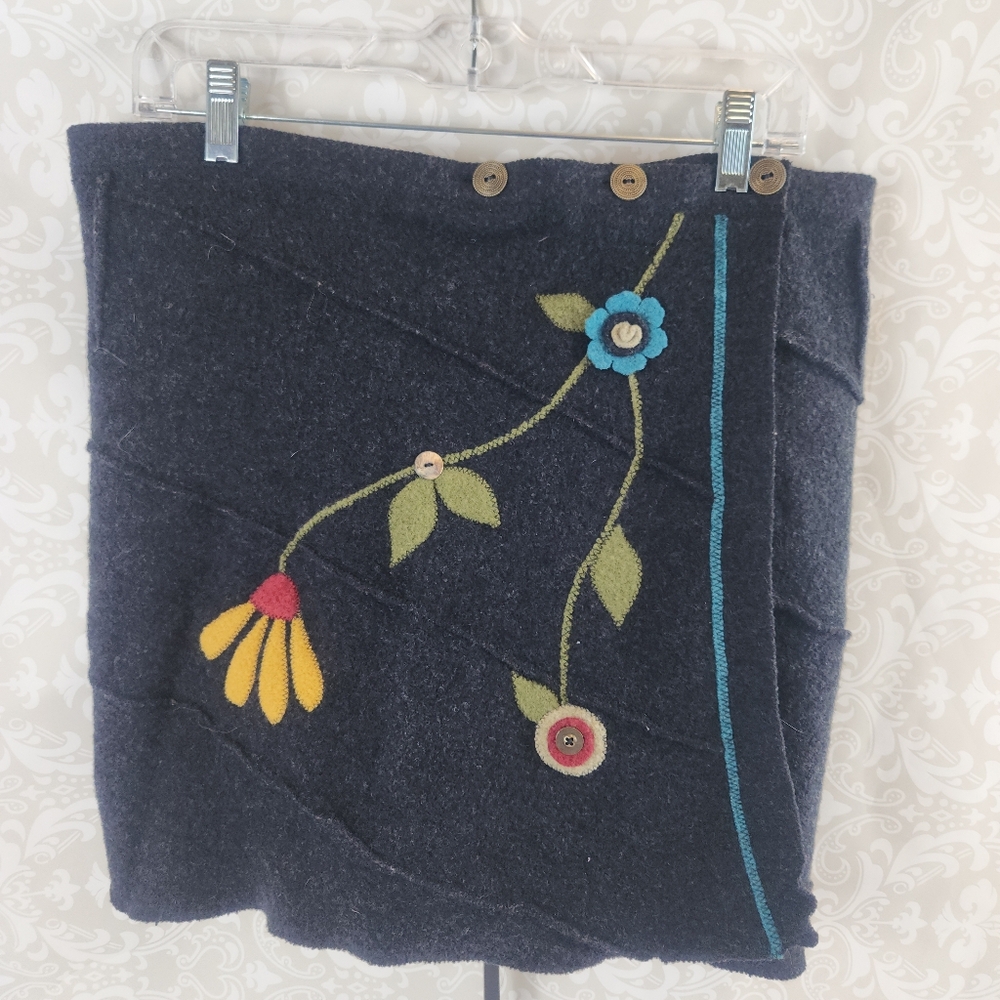 Vintage 'Woolflower' 100% Wool Wrap Skirt with Embroidered Flowers and Buttons